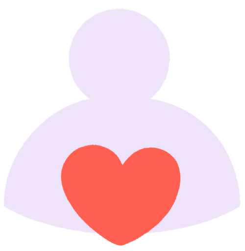 A stylized human figure with a red heart symbol on the chest, representing care or compassion.