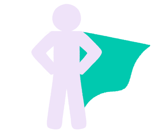 A simple illustration of a person with a turquoise cape, resembling a superhero figure.