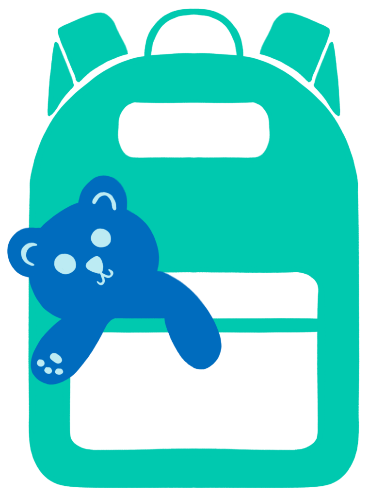 A blue teddy bear peeking out of a teal backpack pocket.
