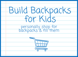 A message about building backpacks for kids by shopping and filling them, featuring a shopping cart illustration.