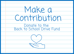 A call to donate to the "Back to School Drive Fund," featuring a hand holding a heart icon.