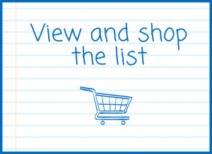 It shows "View and shop the list" with a shopping cart icon on lined paper.