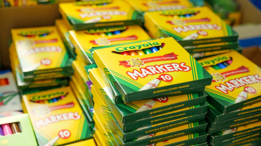 Stacks of Crayola marker boxes.
