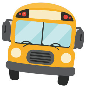 A cartoon-style yellow school bus with a cute, slightly tilted design.
